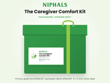 Load image into Gallery viewer, Caregiver Comfort Kit packaging: green box, leaf-green ribbon, white label